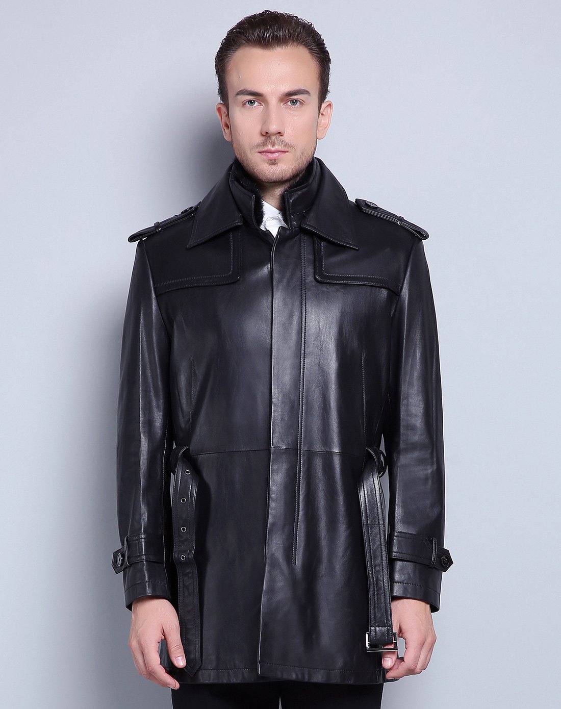 男士中长款绵羊皮时尚风衣款皮衣