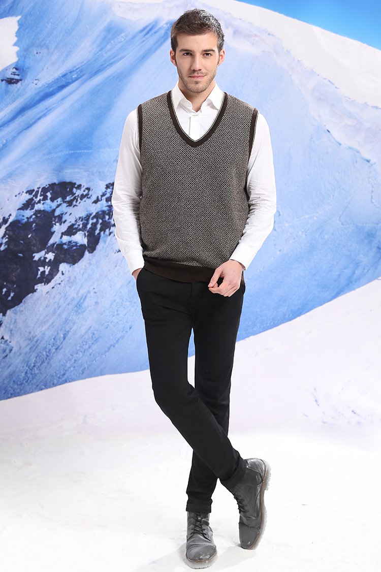 男士编织花纹v领背心男士马甲男羊毛混纺羊绒马夹