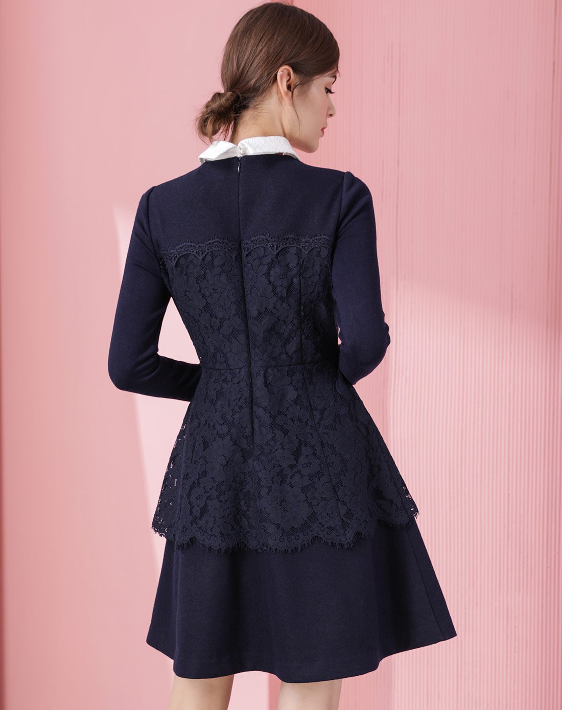 洛诗琳蕾丝毛呢针织冬季连衣裙拉链长袖翻领a字裙秋冬装