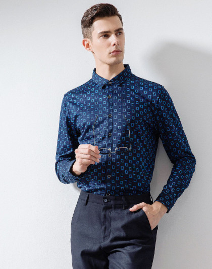 男士长袖丝光棉休闲印花衬衫