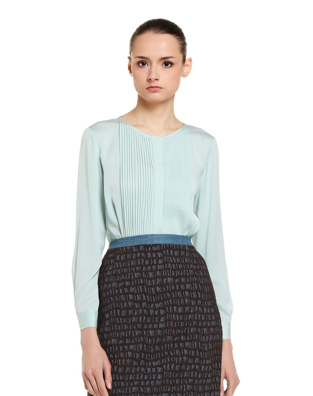 女性淡青色淡青色褶饰无领桑蚕丝衬衫