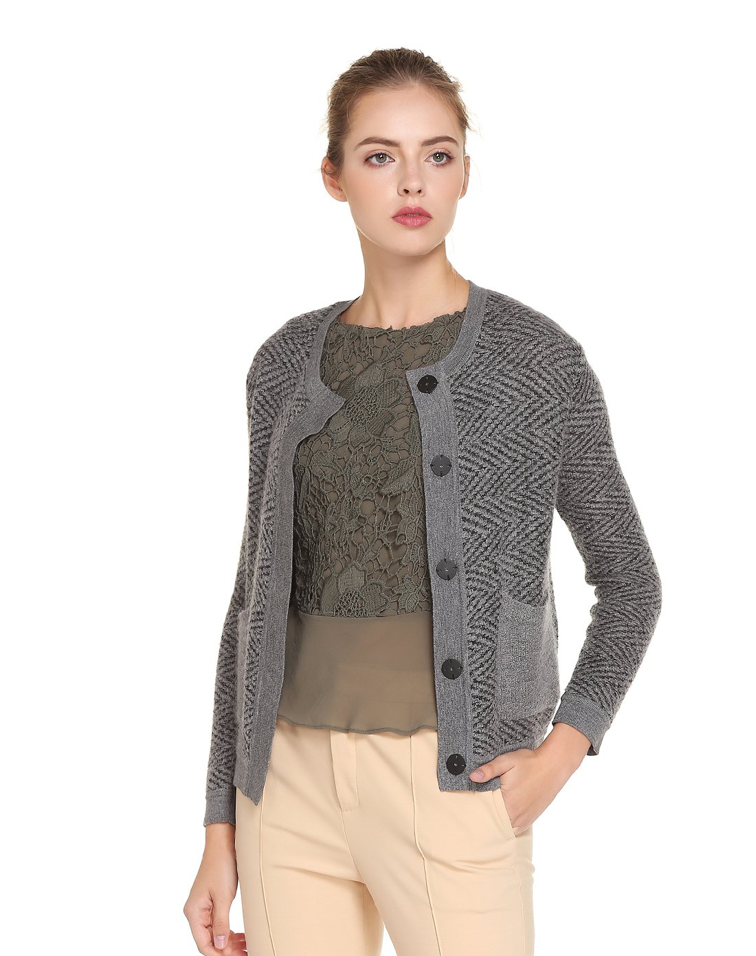 女性灰黑人字纹圆领人字纹开衫