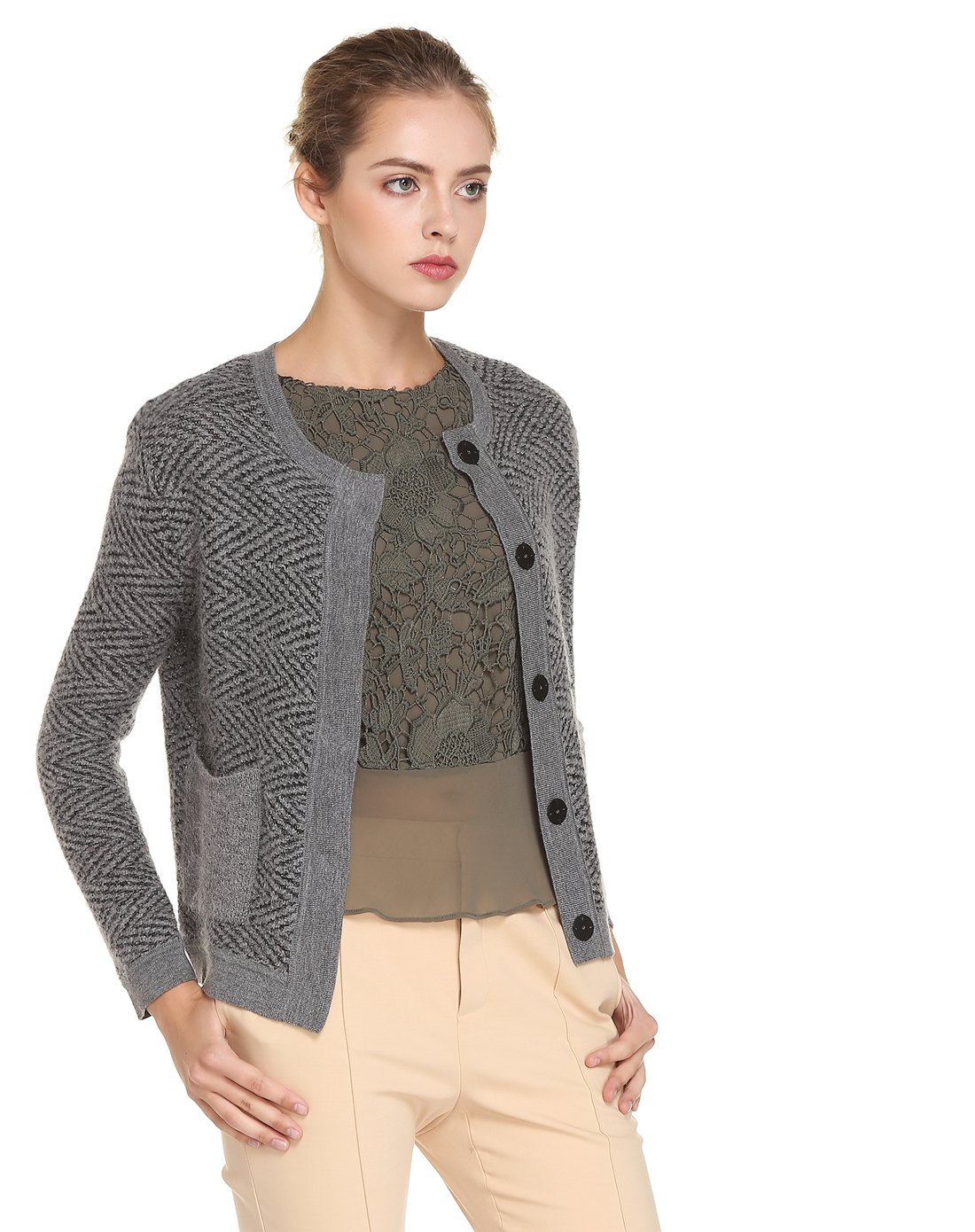 女性灰黑人字纹圆领人字纹开衫