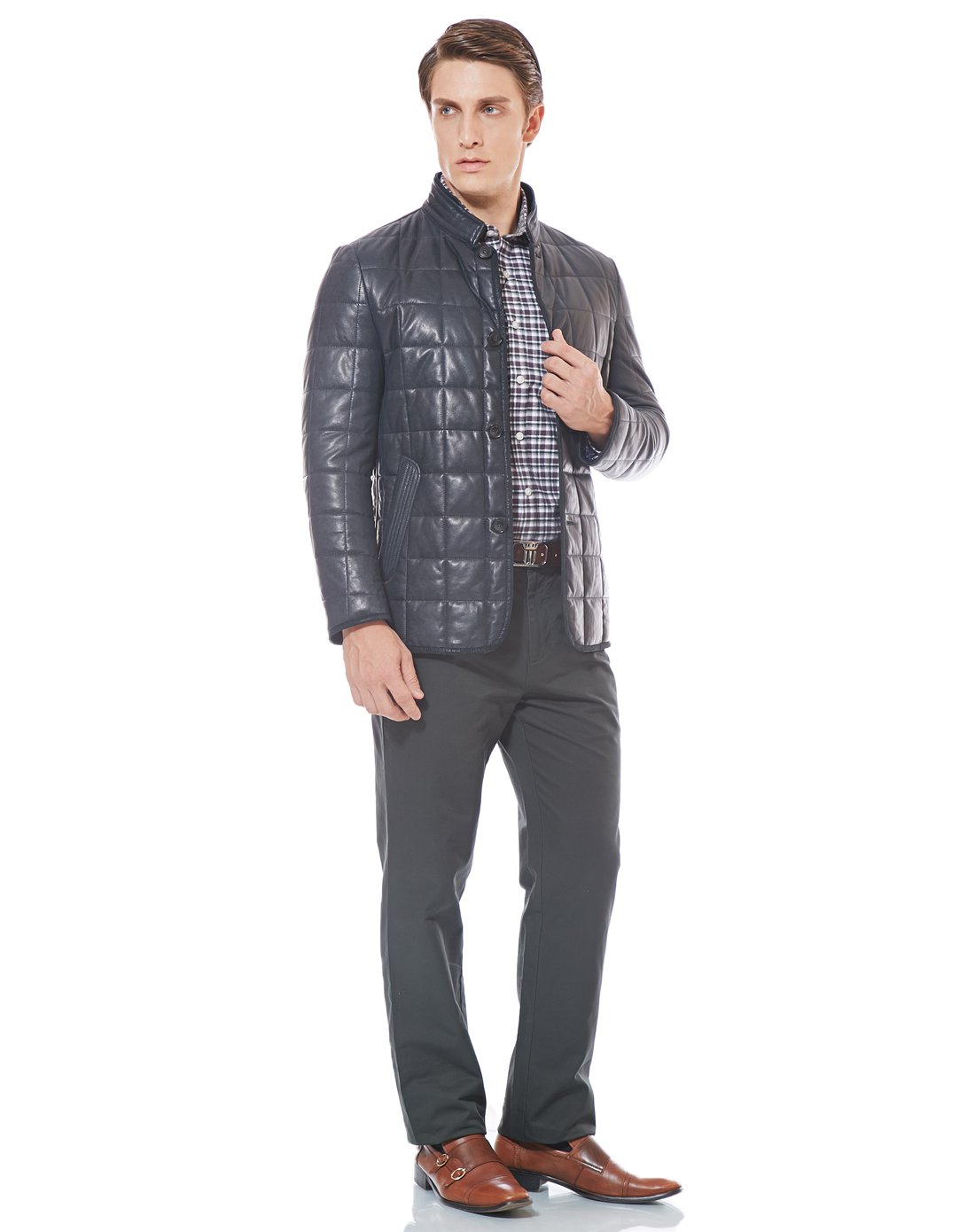 威利wielii男装专场 时尚帅气立领格纹皮衣