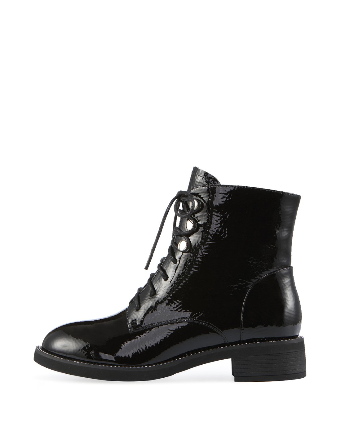 哈森harson女鞋特惠专场 哈森 冬牛皮革金属装饰圆头系带粗跟马丁靴女