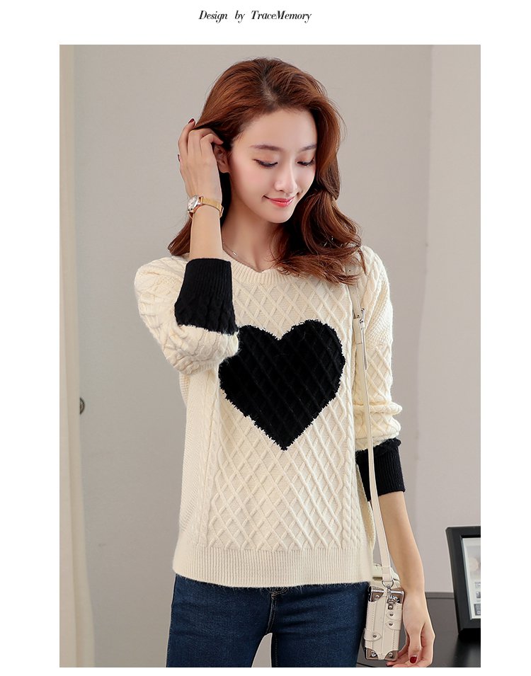 韩版秋季女式毛衣修身显瘦版型不规则细线条纹爱心图案印花套头女款