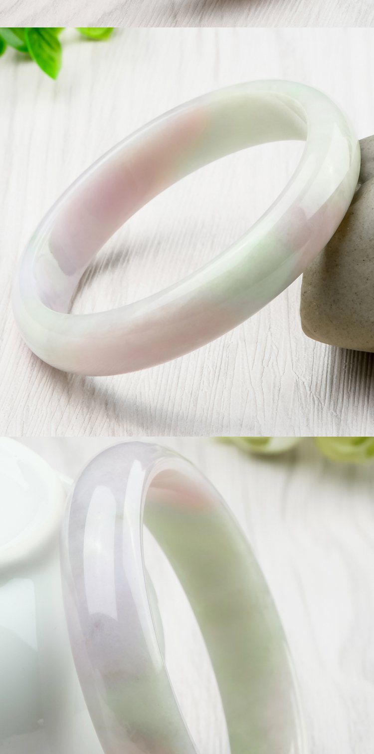 紫气东来 天然芙蓉种春带彩浅粉紫正装手镯/a货天然翡翠手镯玉镯