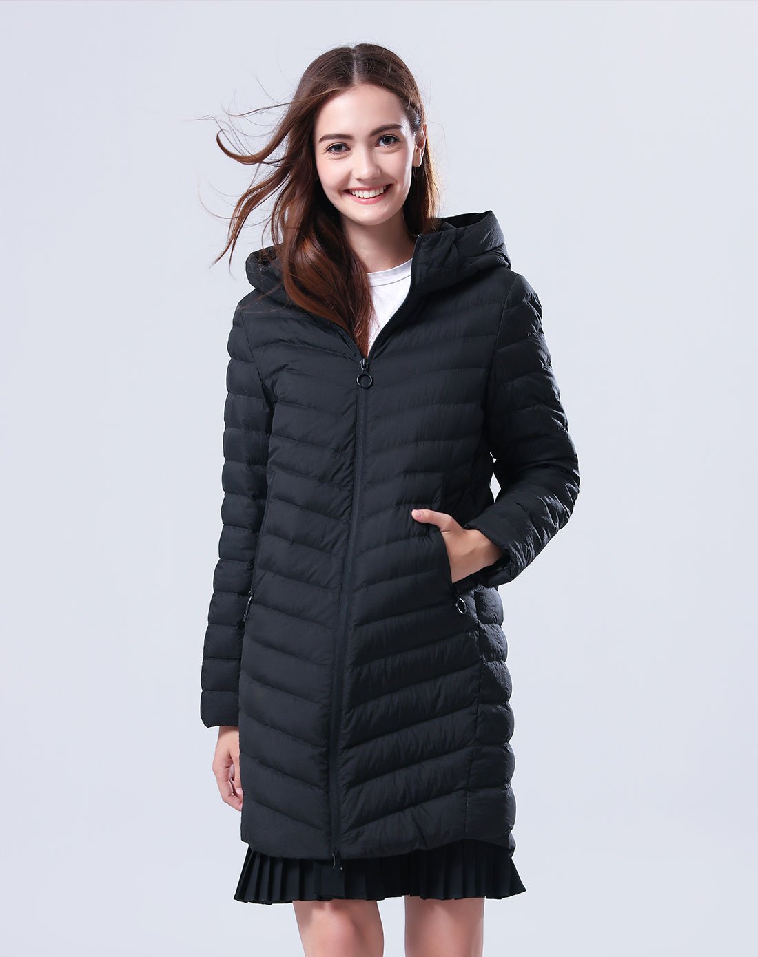 坦博尔tanboer男女羽绒服专场女士黑色中长斜纹显瘦轻薄羽绒衣td17532