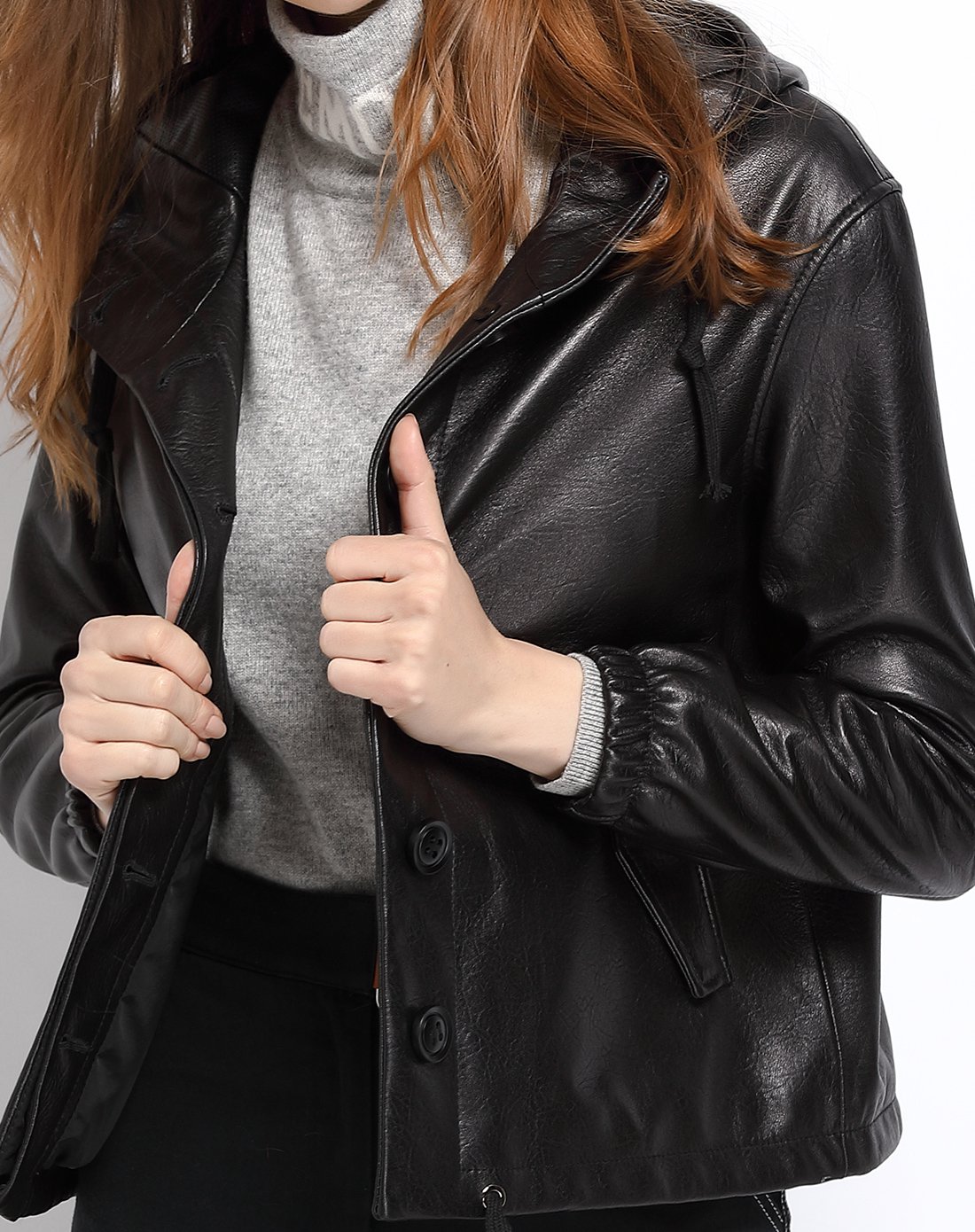 2017新款女落肩袖休闲连帽单皮衣单排扣真皮夹克外套