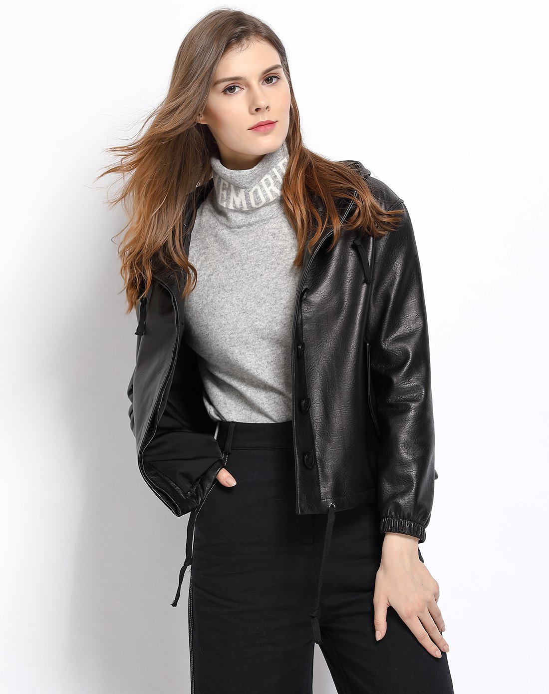 2017新款女落肩袖休闲连帽单皮衣单排扣真皮夹克外套