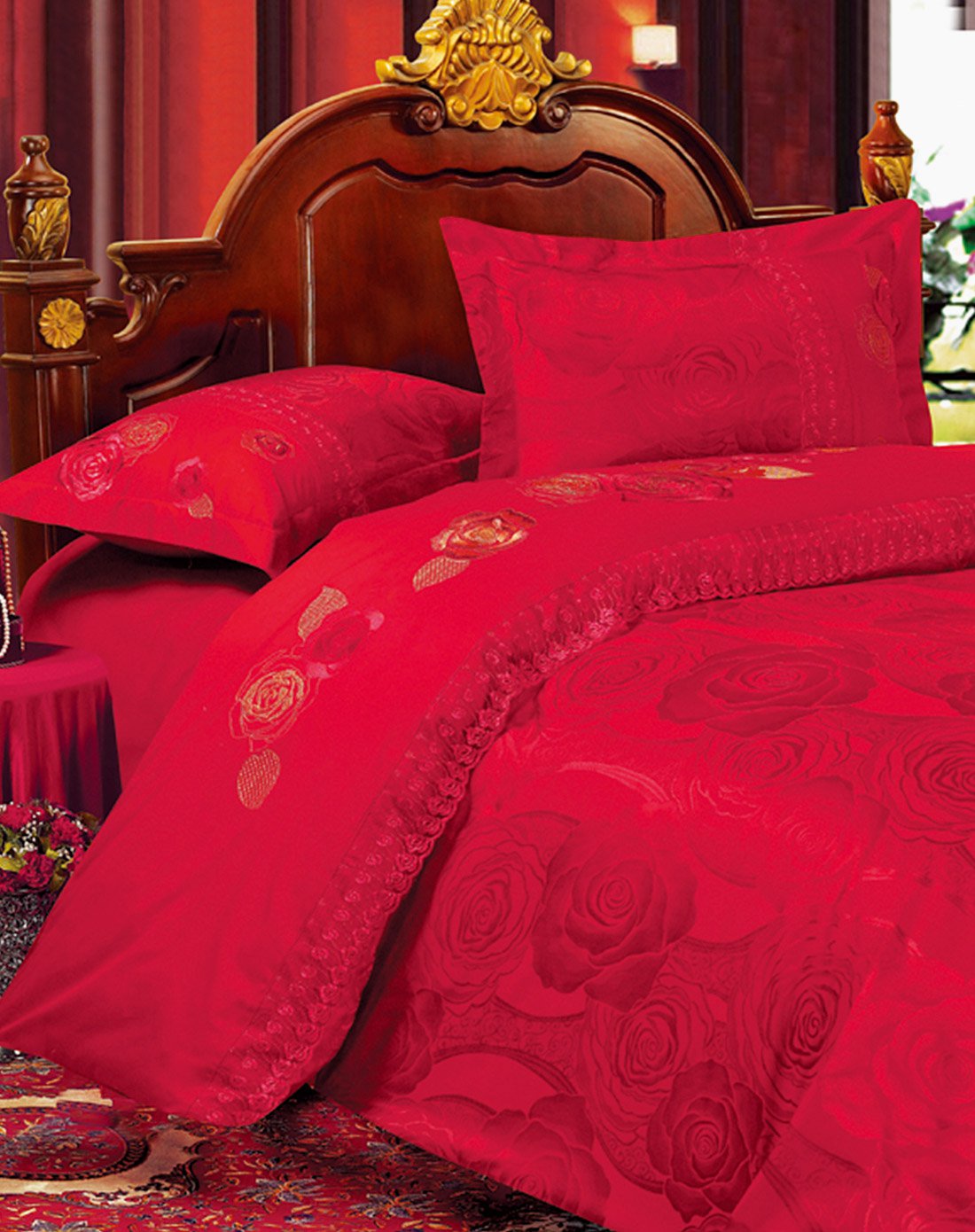 1.8m床欧式大红提花玫瑰之约红床盖式婚庆套件