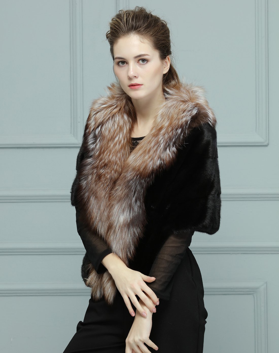 女款狐狸毛领水貂披肩
