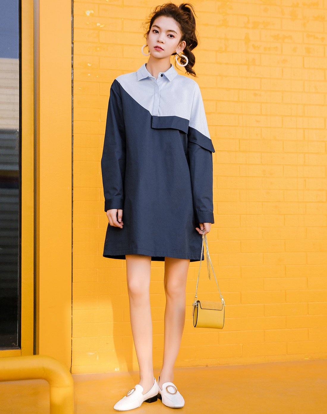 【春装新品】假两件套连衣裙女宽松荷叶边套头甜美长袖短裙子