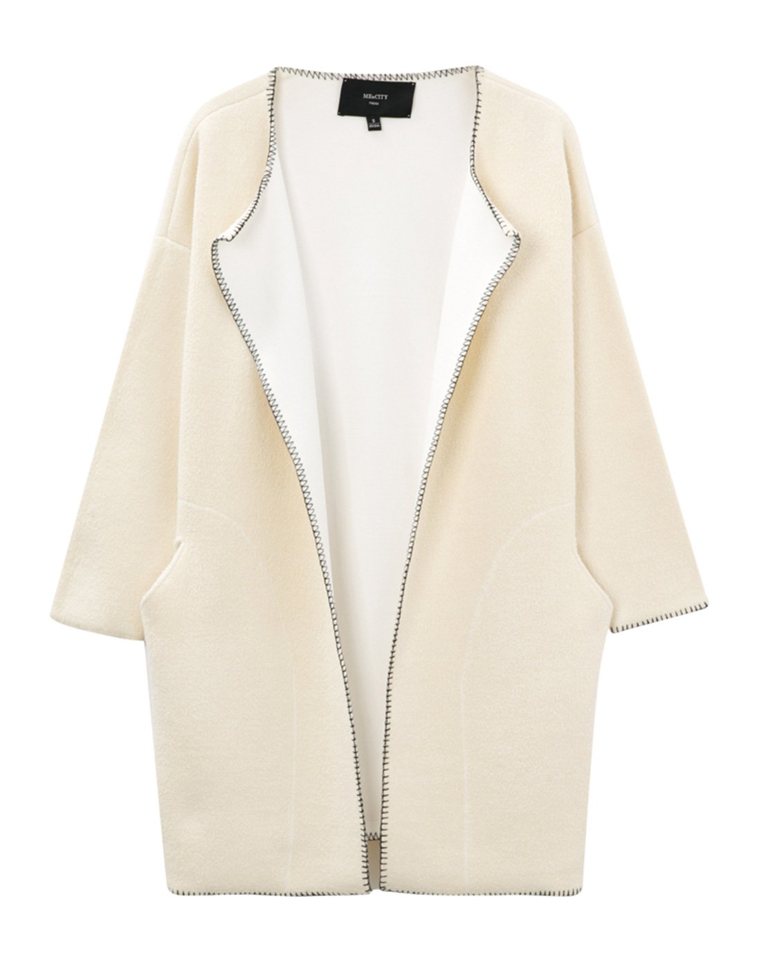 me&city女秋冬毛织流苏针织开衫无领外套