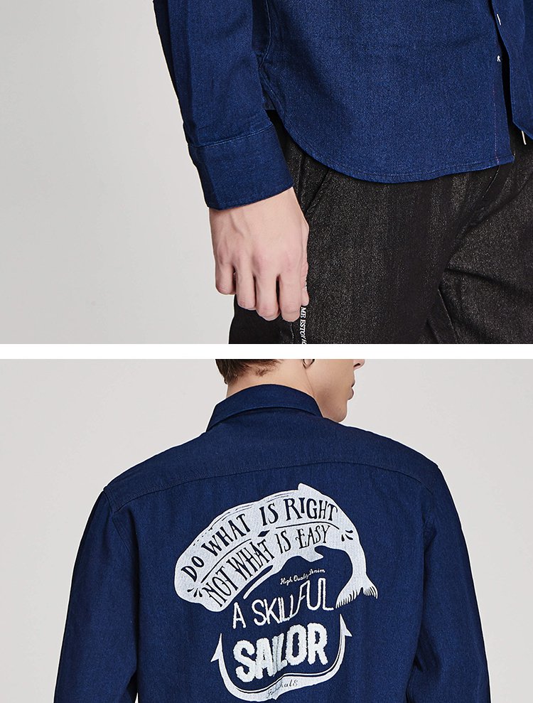 2018秋新款男士长袖衬衫鲸鱼字母印花衬衣