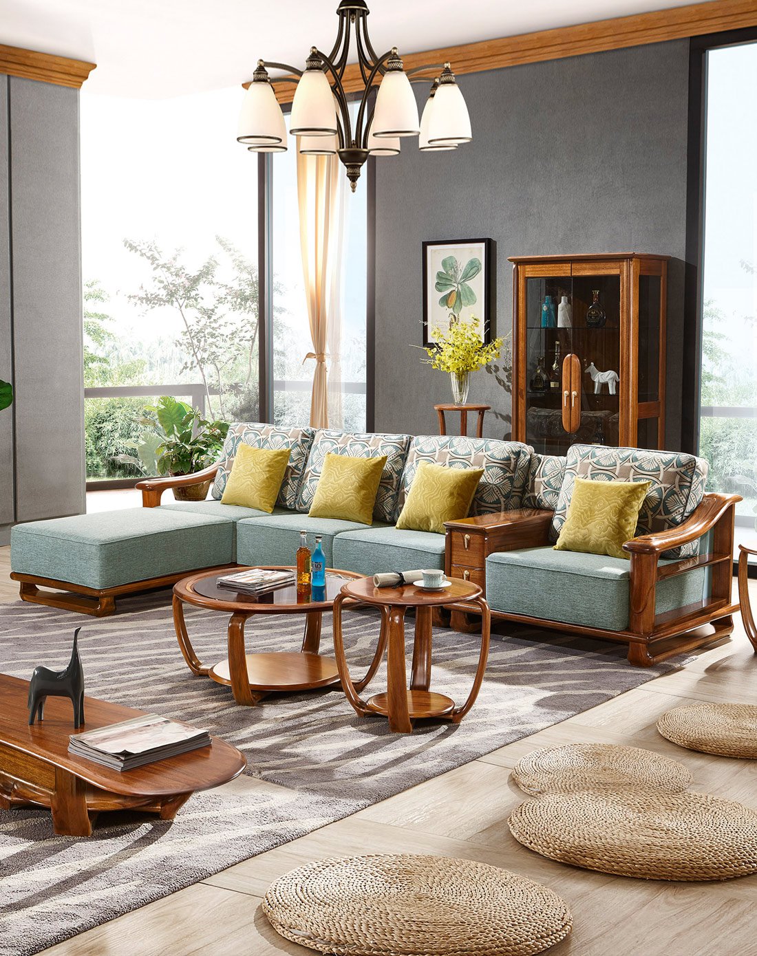 新中式简约现代全实木布艺转角l型沙发组合大户型客厅家具沙发