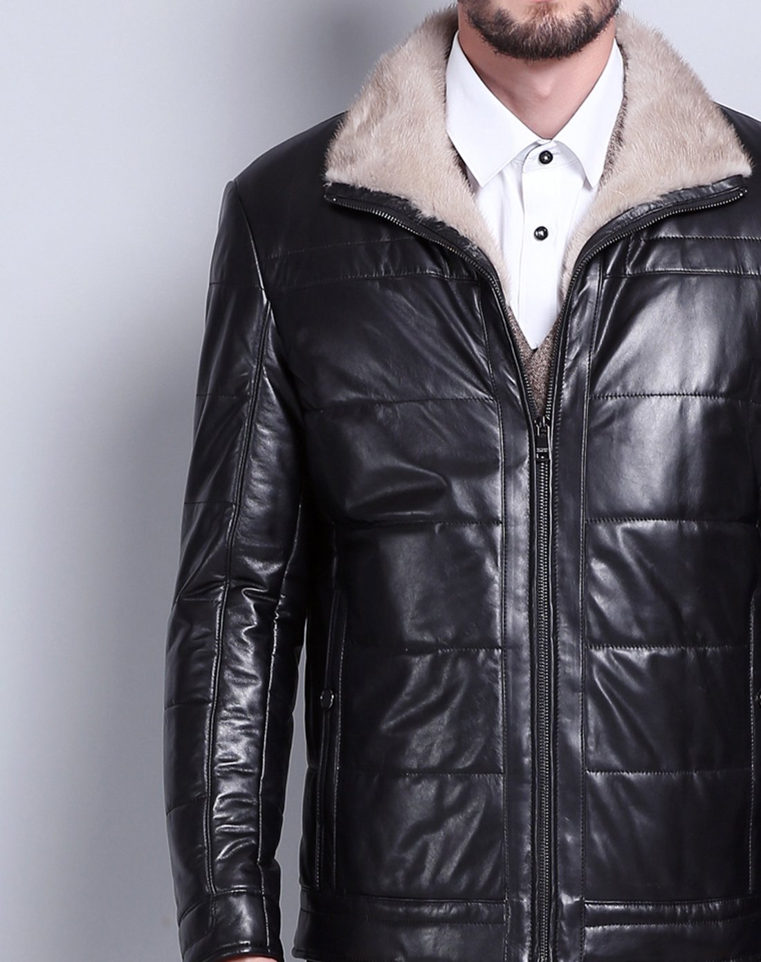男士保暖外套带水貂毛领真皮绵羊皮夹棉皮衣