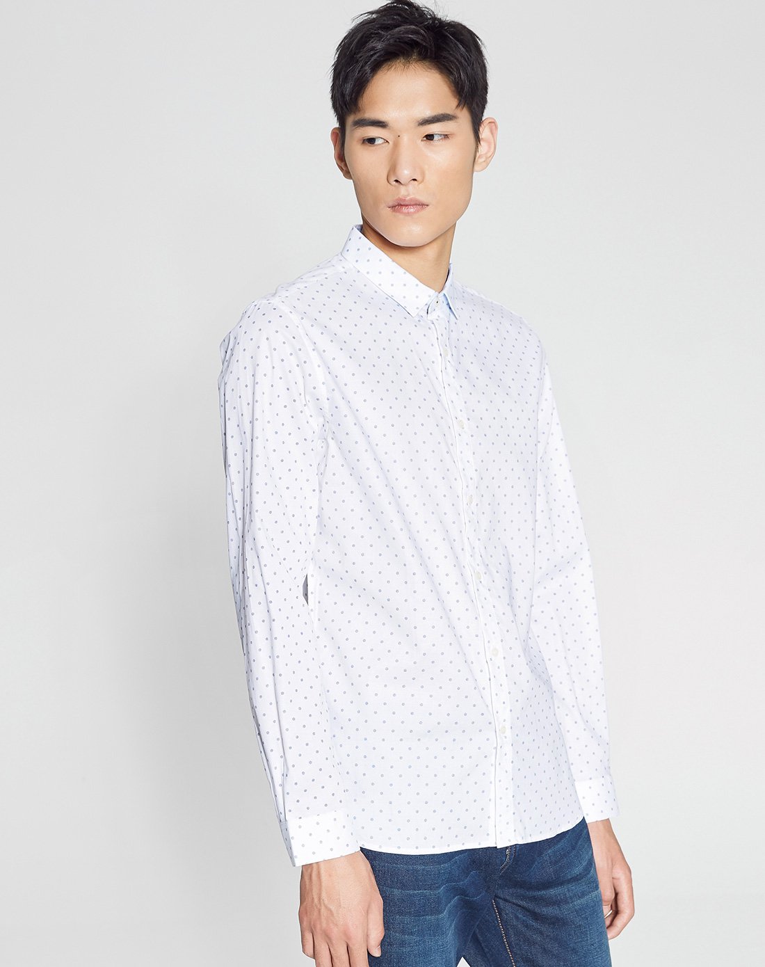 me&city秋冬小印花格纹商务休闲立领修身纯棉长袖衬衫男