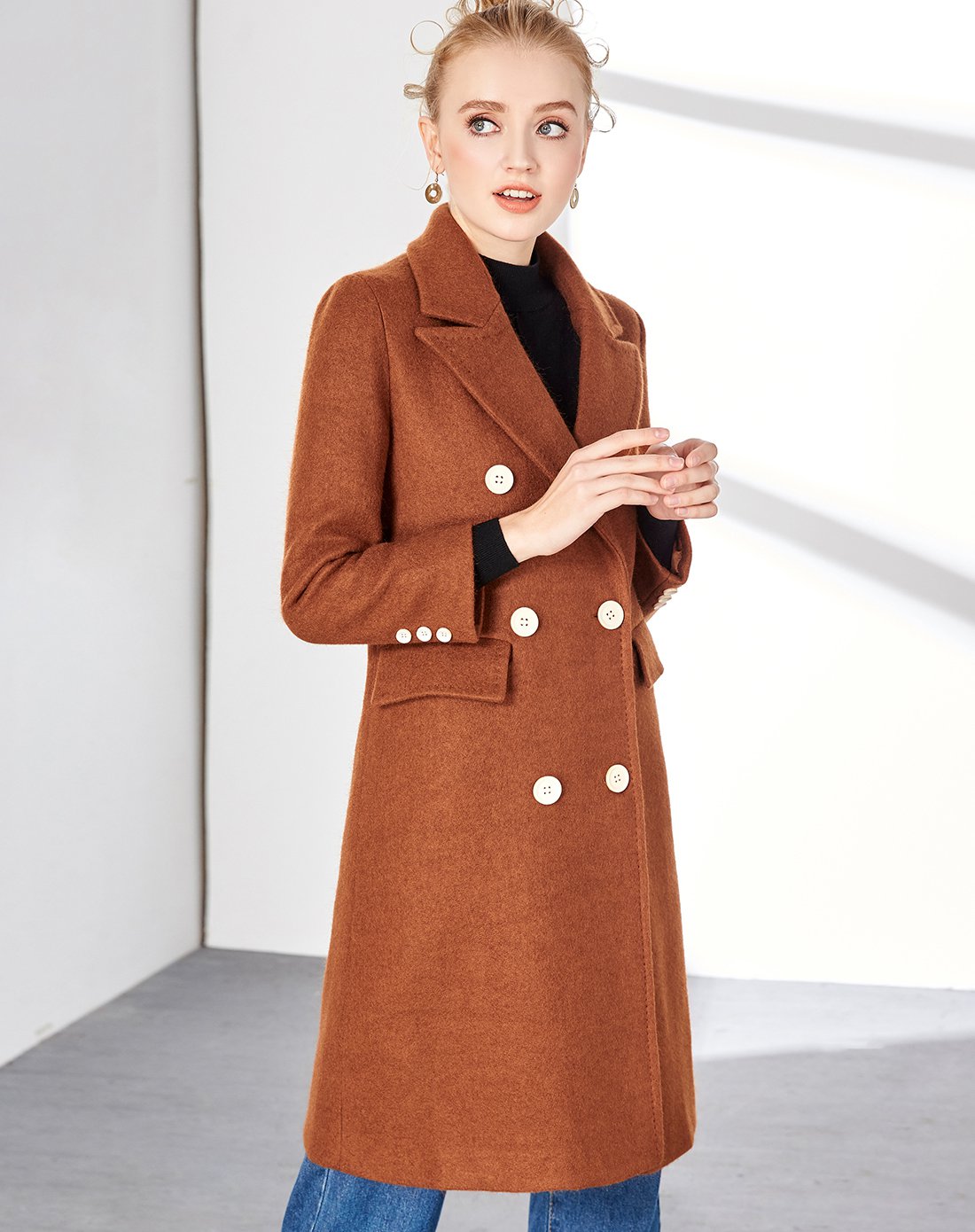 【2017冬新品】女款时尚大气纯色翻领双排扣中长款呢大衣