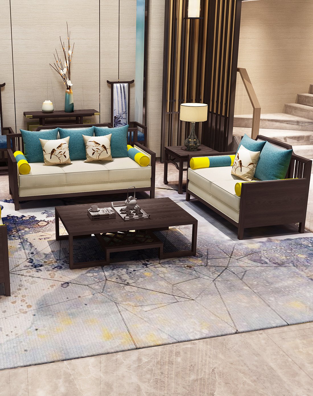 新中式白蜡木现代简约布艺可拆洗沙发组合