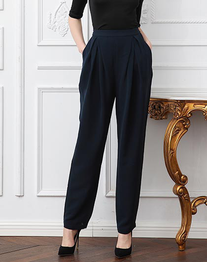 41姆米重磅真丝水手蓝橡筋中腰育克双褶斜插袋宽臀休闲长裤子