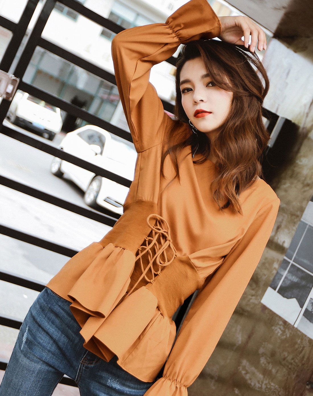 时尚喇叭袖荷叶边收腰显瘦气质长袖雪纺衫上衣