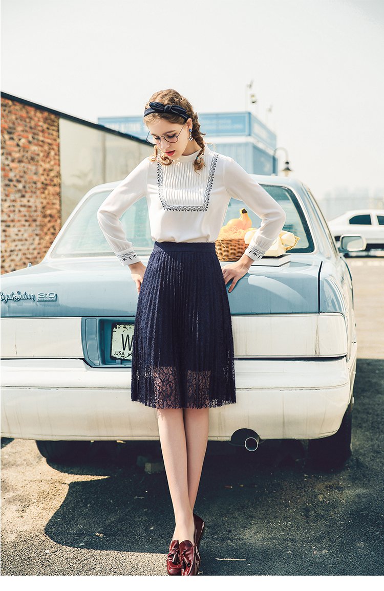 欧美街头风女春季高腰中长款时尚宽松a字裙百褶裙蕾丝半身裙