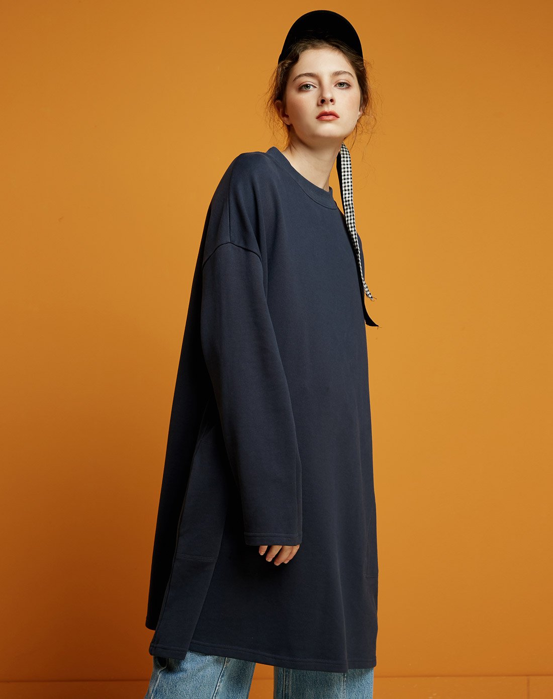 落肩袖宽松大摆纯色显瘦基本中长款卫衣女潮