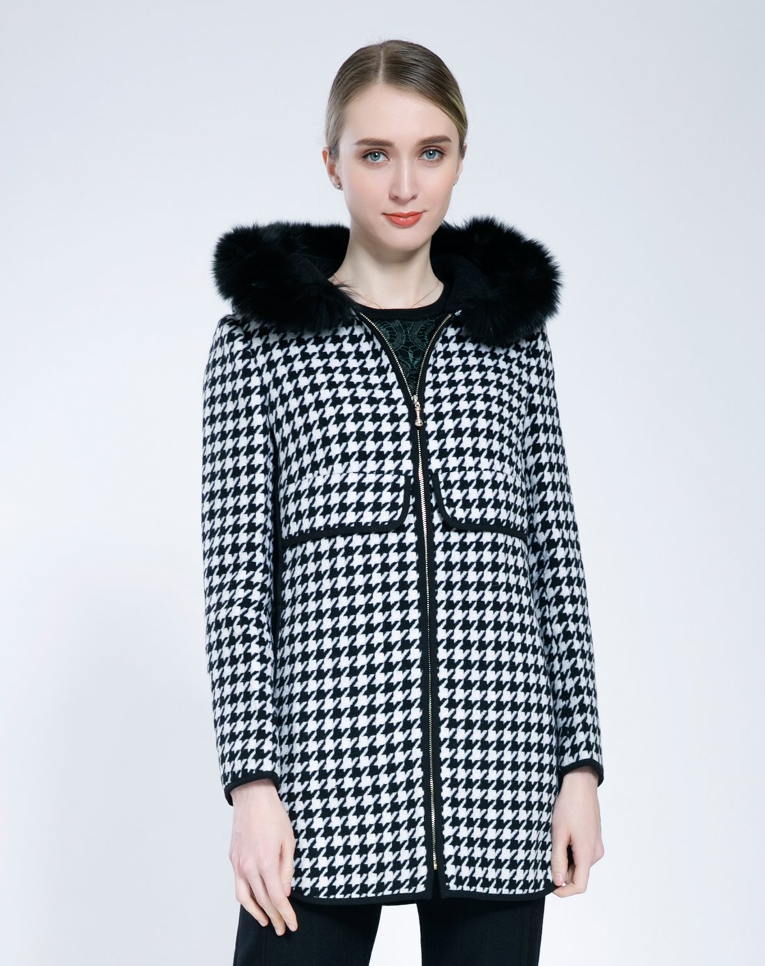 红人honrn黑/白色千鸟格带帽宽松长袖外套f44ed320721_唯品会