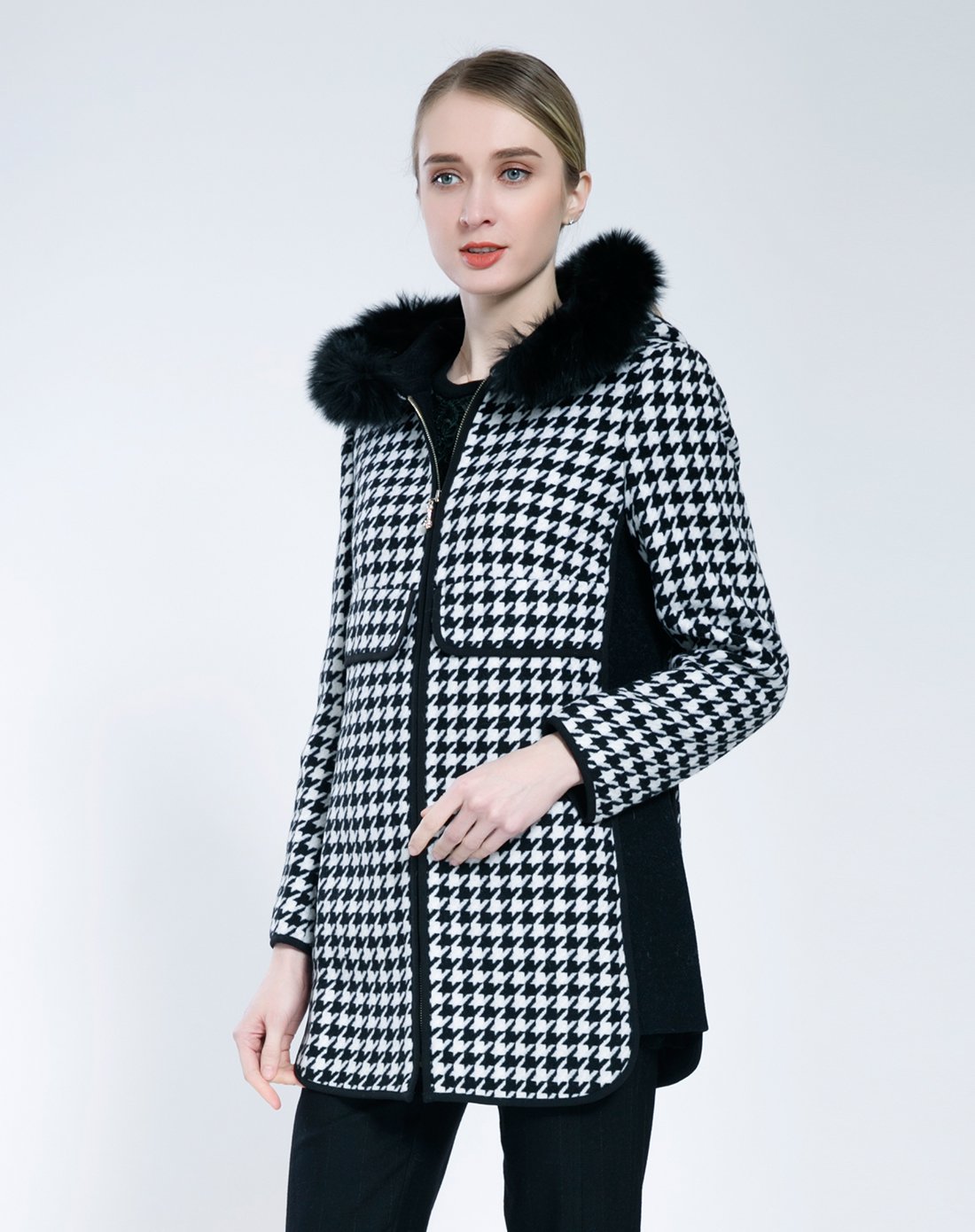 红人honrn黑/白色千鸟格带帽宽松长袖外套f44ed320721_唯品会