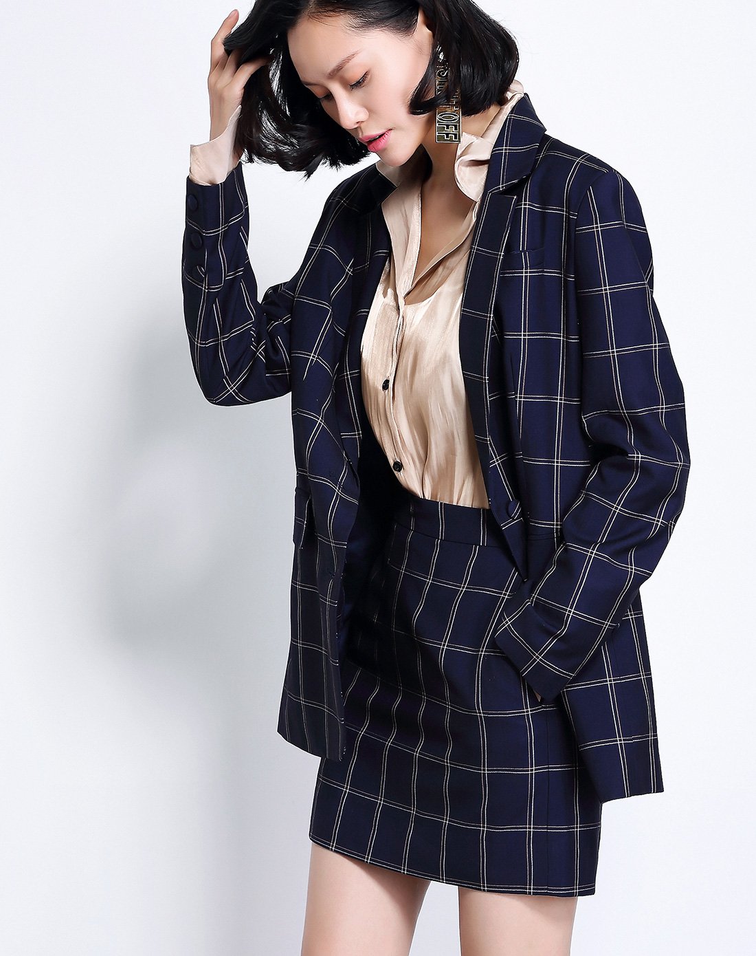 帅气干练复古女装新款时尚格纹ol气质两件套西装外套 修身半裙套装