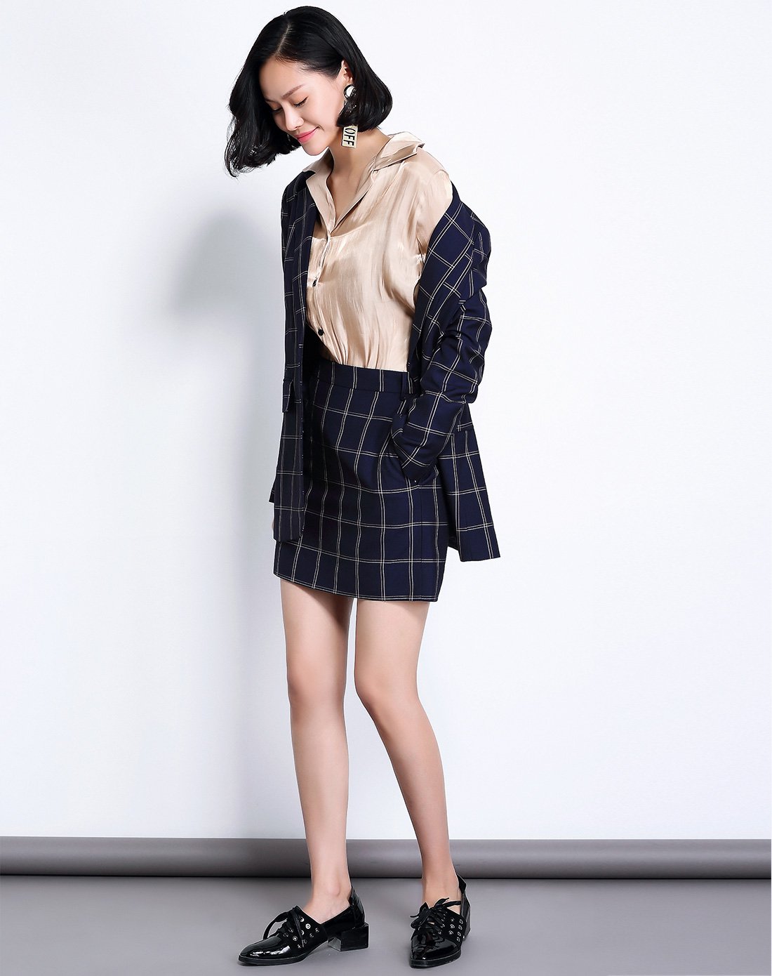 帅气干练复古女装新款时尚格纹ol气质两件套西装外套 修身半裙套装