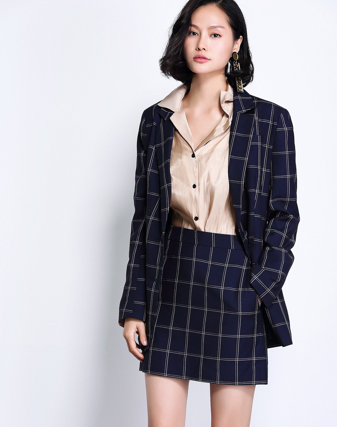 帅气干练复古女装新款时尚格纹ol气质两件套西装外套 修身半裙套装