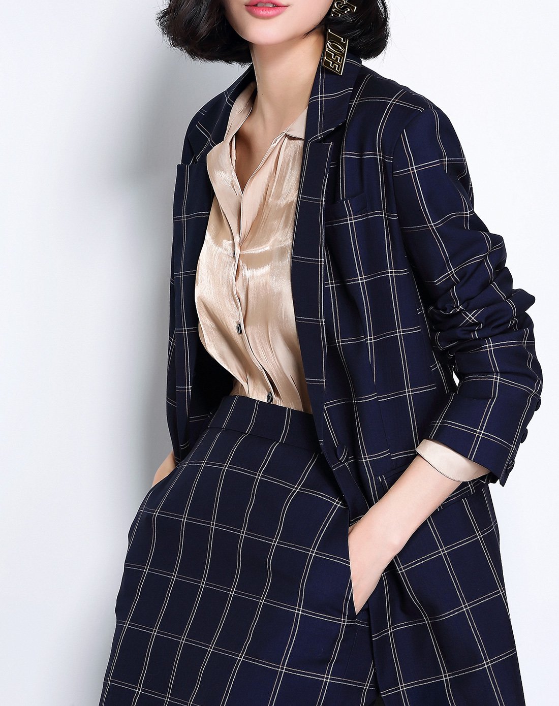 帅气干练复古女装新款时尚格纹ol气质两件套西装外套 修身半裙套装