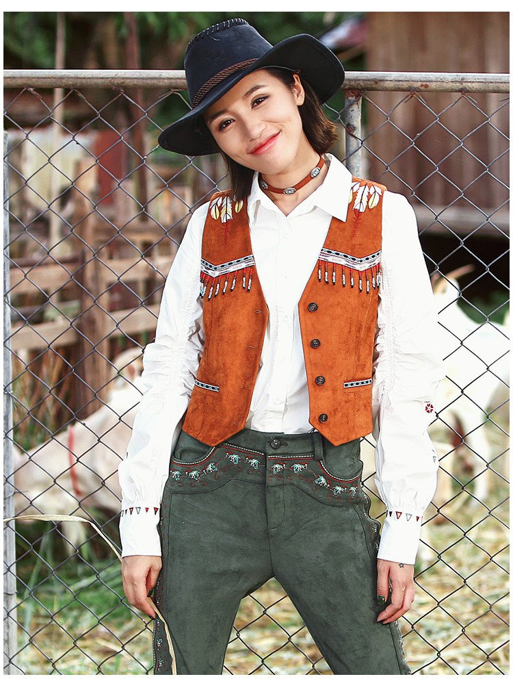 波西米亚复古刺绣麂皮拼接短款背心马甲