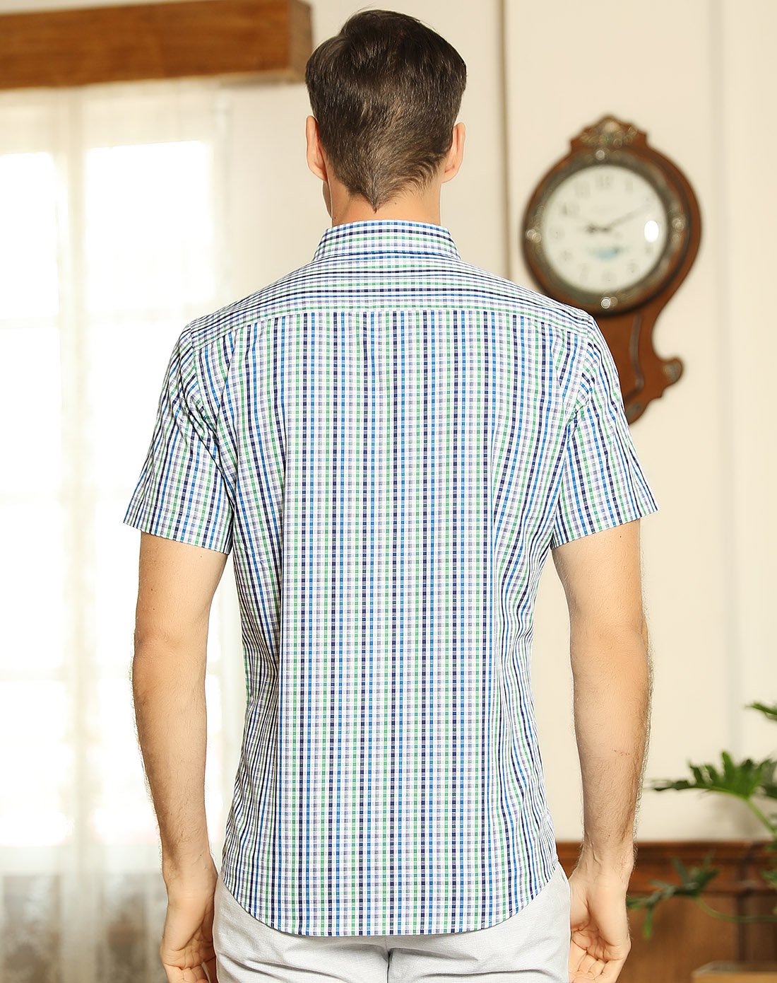 佛伦帝奴舒适纯棉面料中格印花都市男士休闲短袖衬衫342601-26_唯品会