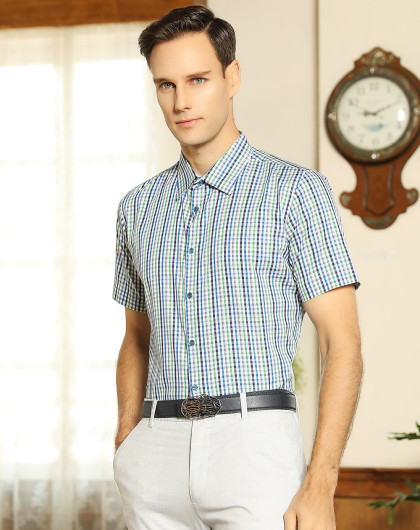 佛伦帝奴舒适纯棉面料中格印花都市男士休闲短袖衬衫342601-26_唯品会