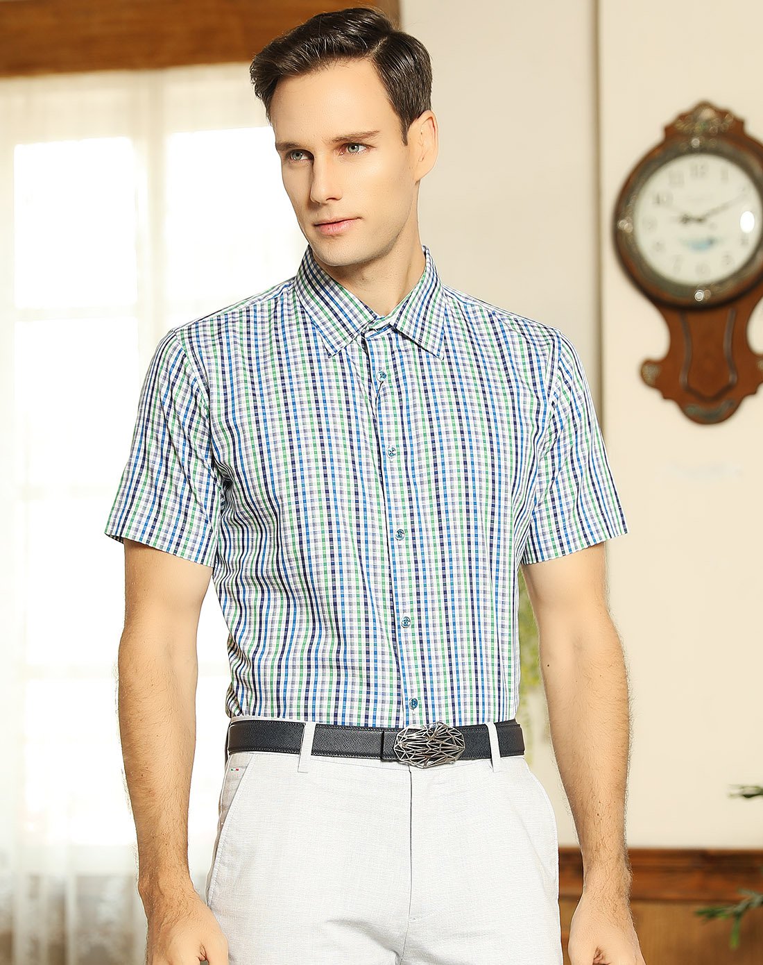 佛伦帝奴舒适纯棉面料中格印花都市男士休闲短袖衬衫342601-26_唯品会