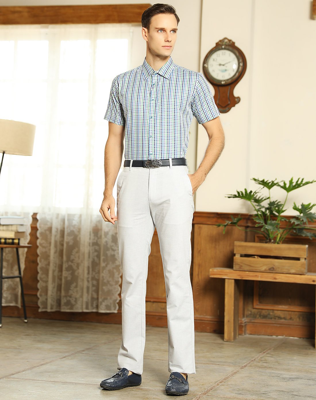 佛伦帝奴舒适纯棉面料中格印花都市男士休闲短袖衬衫342601-26_唯品会