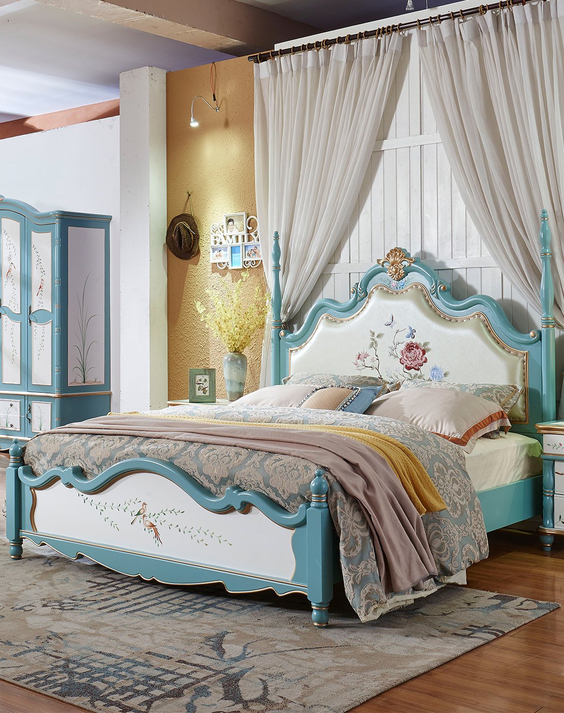 rococo洛可可彩绘花鸟软靠刺绣双人床1.8m