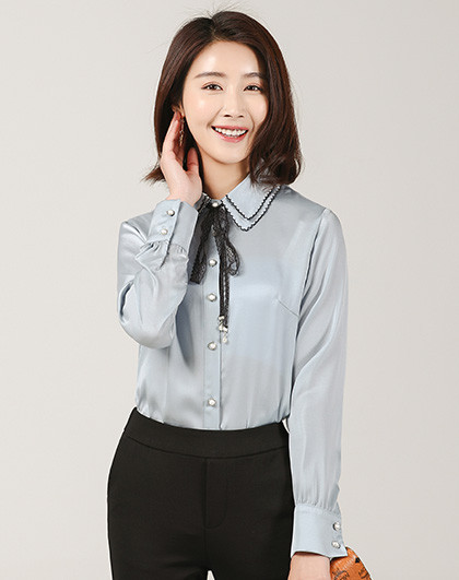 集美极美蝴蝶结系带衬衫女长袖 韩版通勤上衣女                 唯品