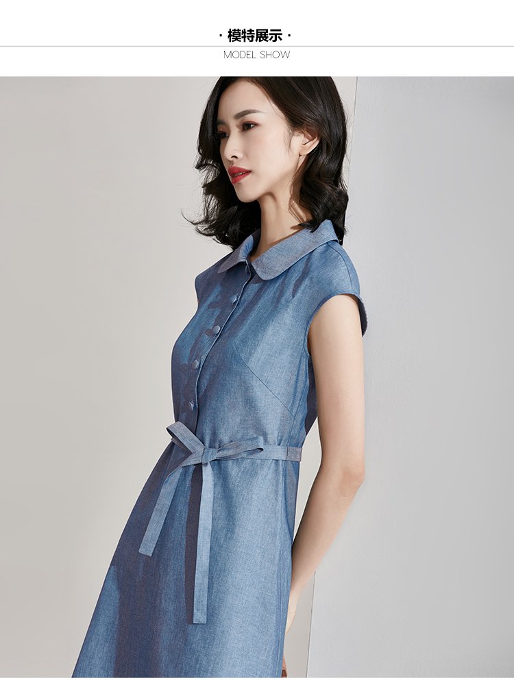 文艺舒适夏季女士翻领落肩袖中腰a字裙 女士纯色棉布中长款连衣裙女