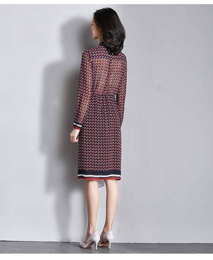 立领对称开叉中腰直筒裙 女士中长款连衣裙