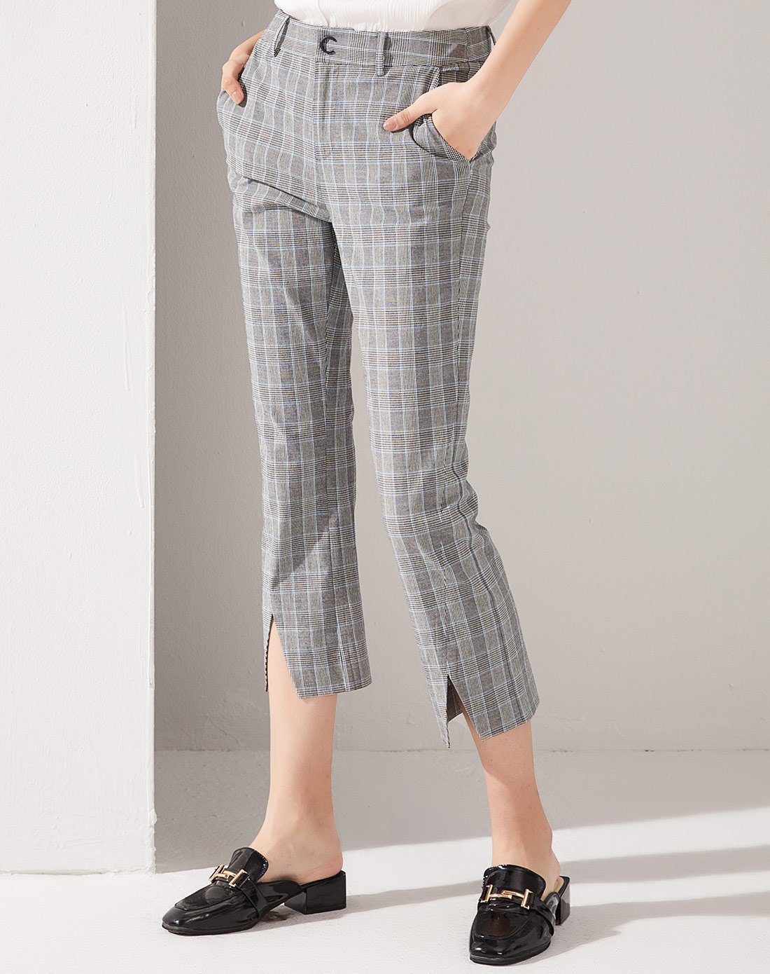 英伦风格子七分裤女修身微喇裤子时尚潮