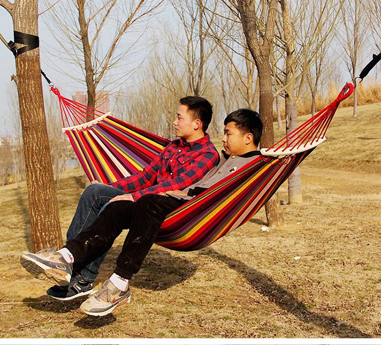 探险者户外休闲帆布月牙款双人吊床 加宽加厚送绑绳野营秋千