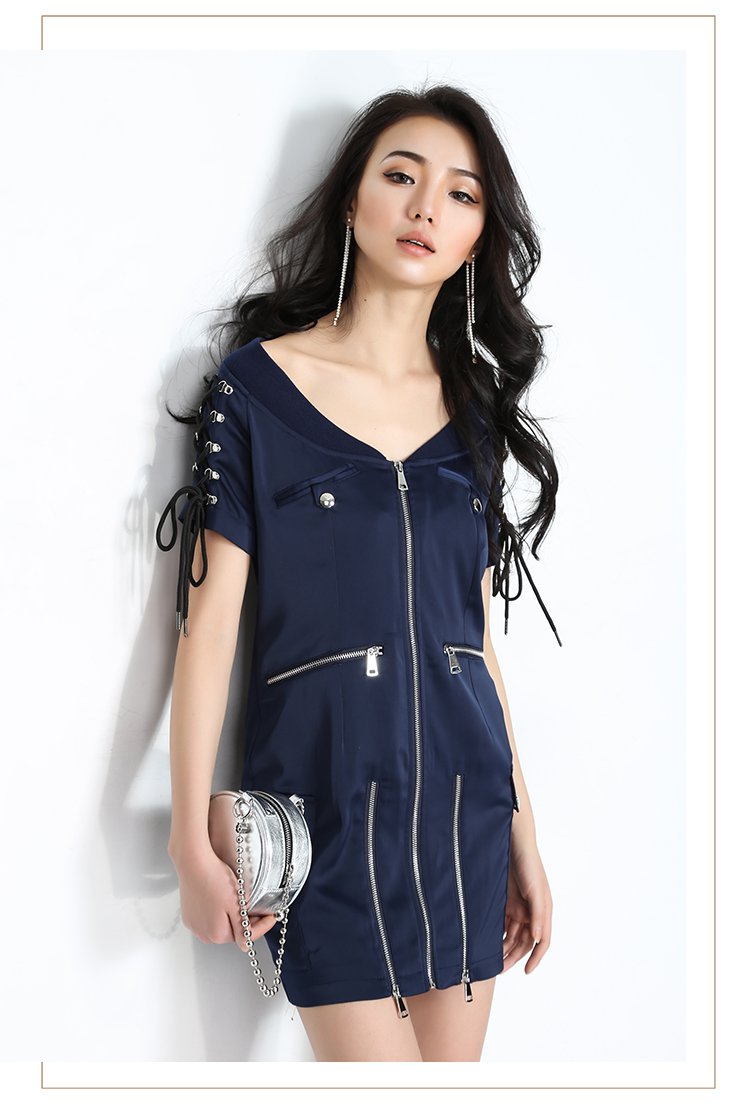 性感修身拉链装饰大v领绑带短袖连衣裙包臀短裙rrm18b-11609_唯品会