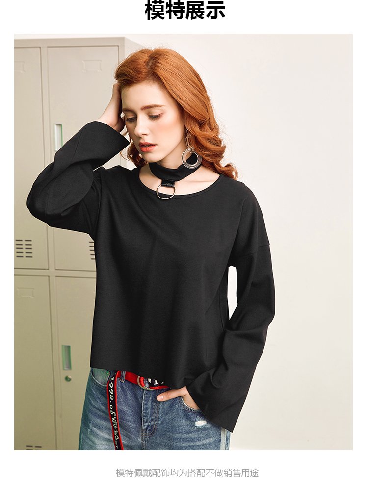 黑色圆领套头t恤女挂脖春装新款韩版学生百搭宽松长袖上衣