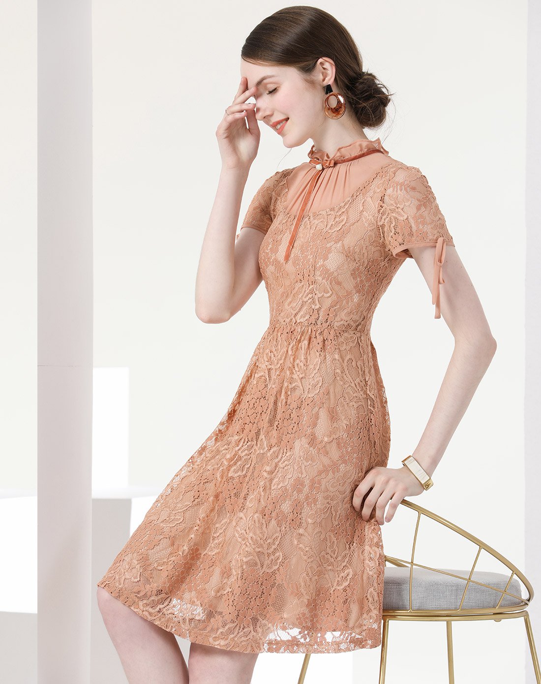 洛诗琳新款女装2018夏纯色蕾丝显瘦连衣裙蝴蝶结a字摆裙