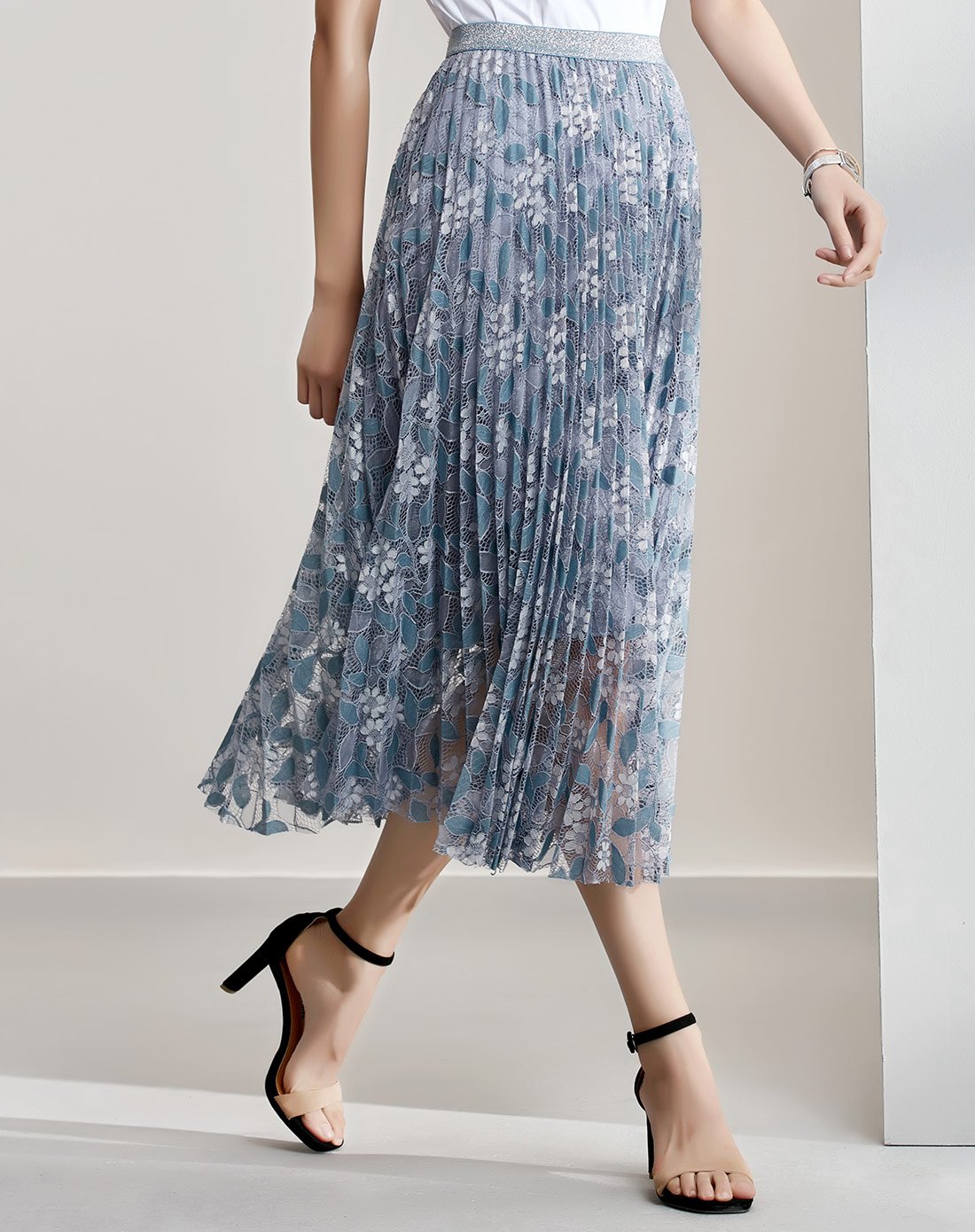 文艺淑女风夏季百搭女士中腰百褶裙 女款中长款蕾丝半身裙