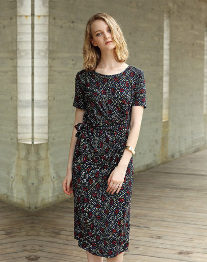 moreline沐兰新款典雅时尚碎花印花连衣裙